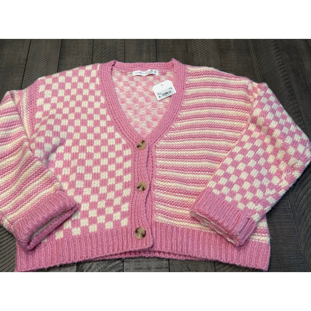 Altar’d State Pink Ivory Checkerboard Stripe Cropped Cardigan Sweater NWT Sz M $ - Picture 5 of 5